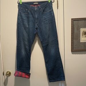 L.L. Bean Men's Relaxed Fit Jeans Blue RedBlack Checked Unser Lining Denim